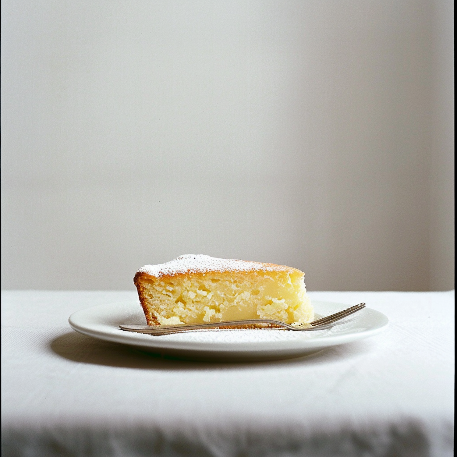 A slice of golden sponge cake dusted with powdered sugar on a white plate